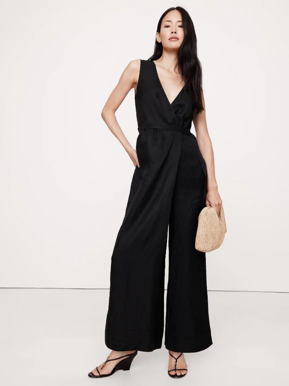 NWT Banana Republic Black Linen-Viscose Wide-Leg Wrap-Front Jumpsuit L